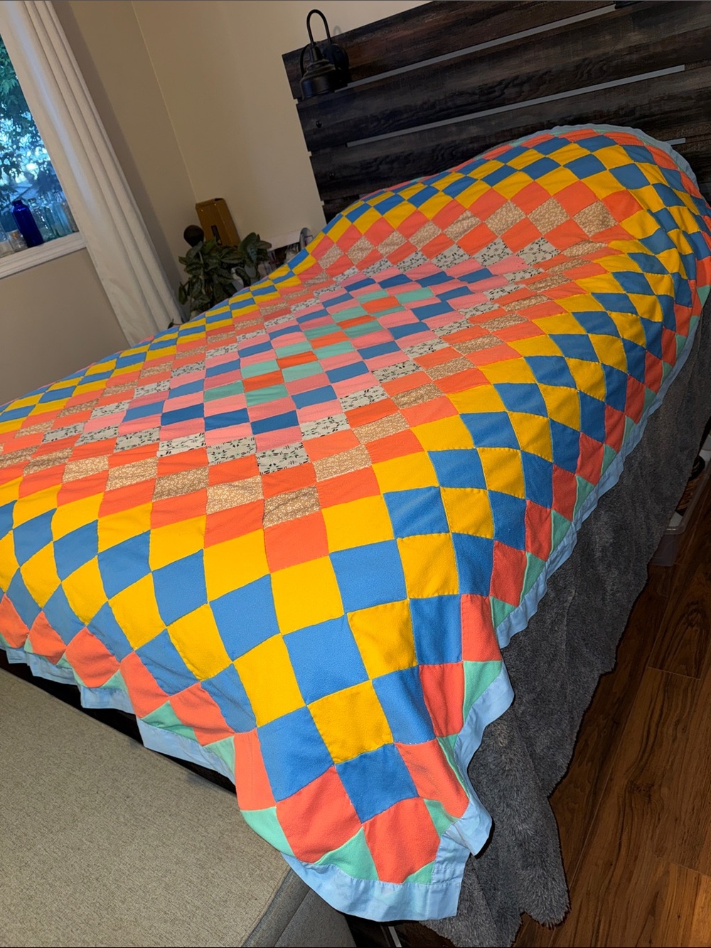 Handmade Multicolor Patchwork Quilt - Blue, Yellow, Coral & Mint 90x72”